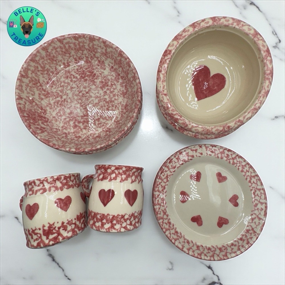 FP Friendship‎ Pottery Roseville USA Plates Bowls Mugs Pink Spongeware Heart 8PC
